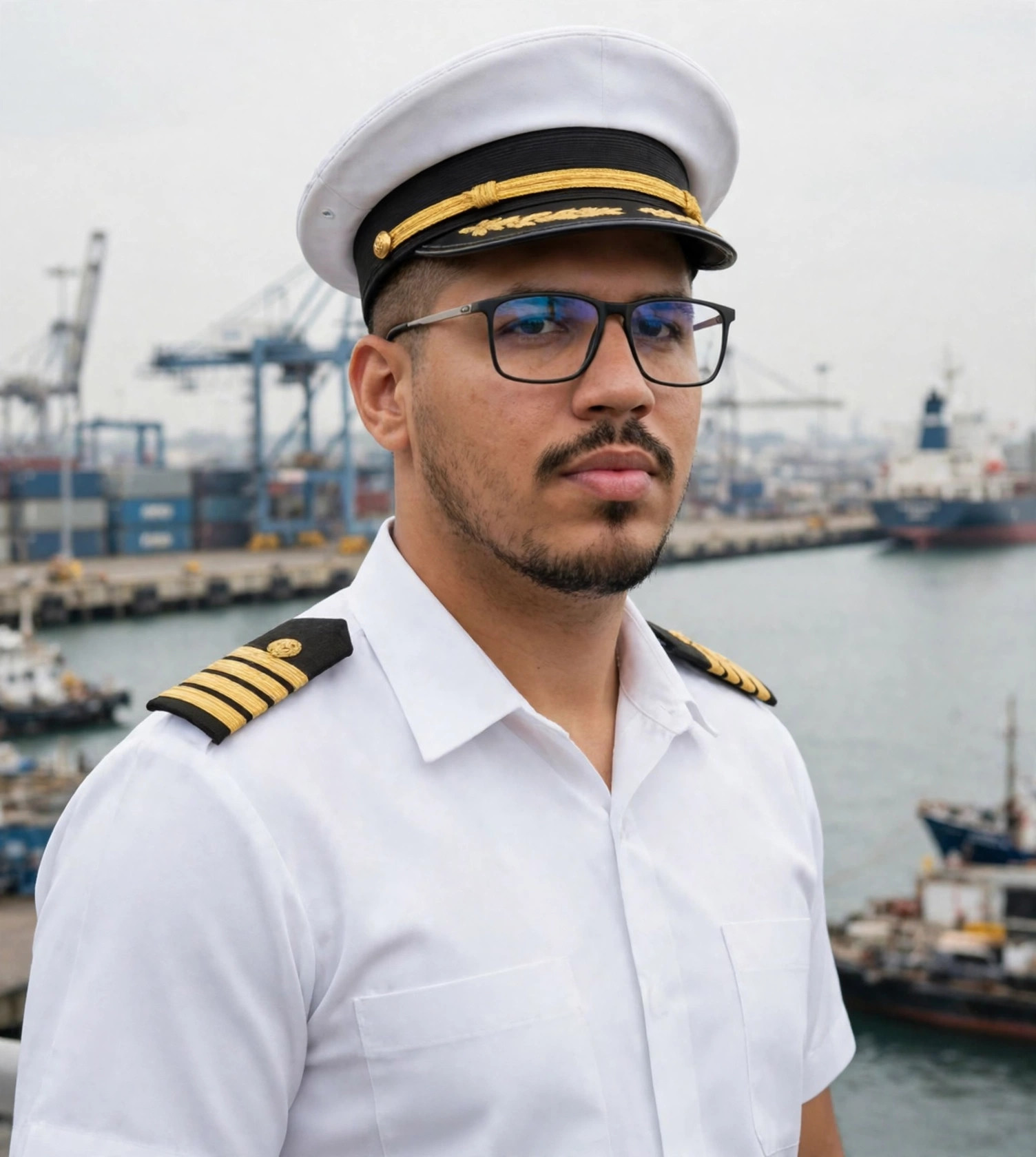 Julio Junior capitão de navio, uniforme branco com quepe, porto ao fundo