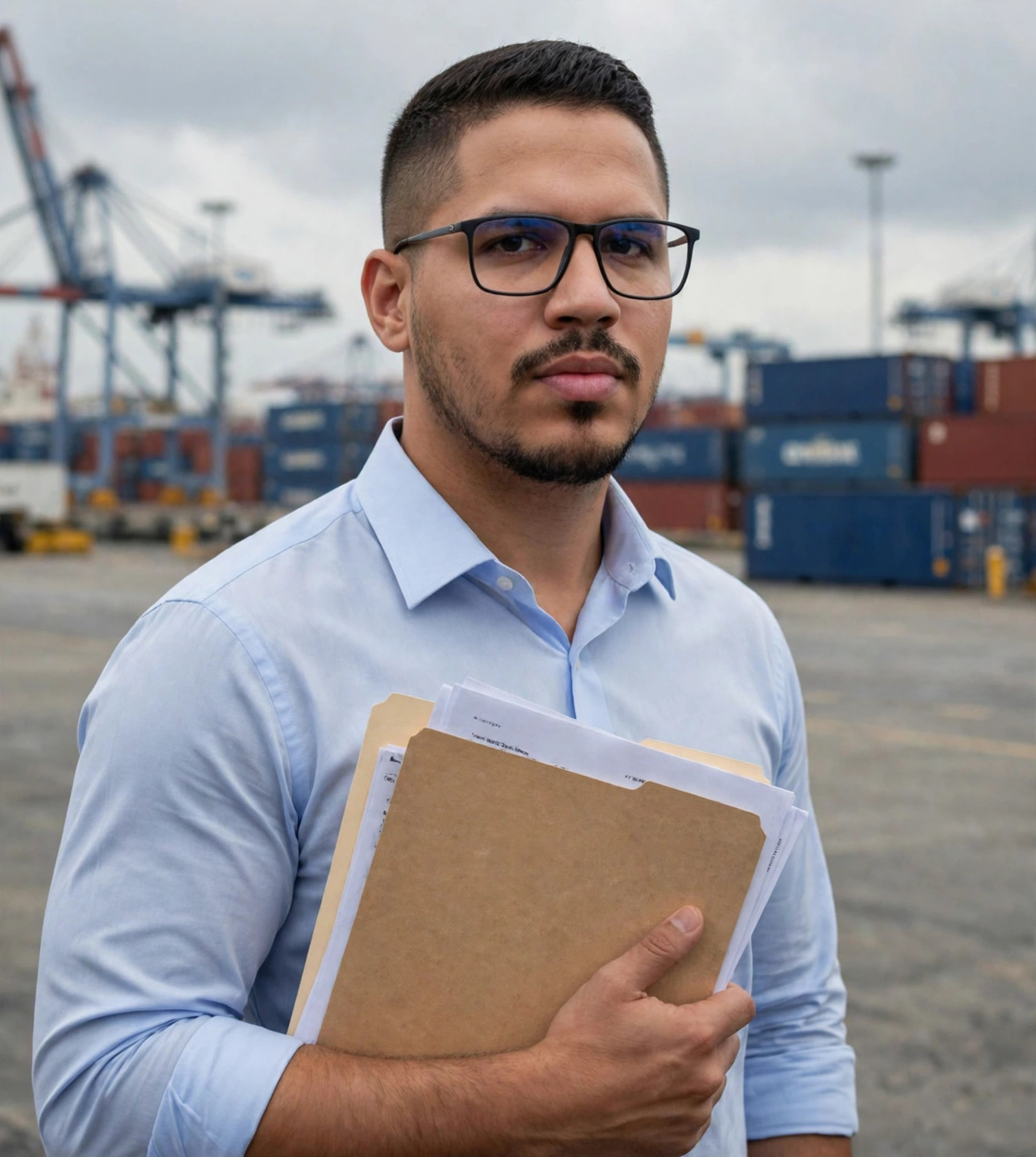 Julio Junior despachante aduaneiro, camisa social com documentos, porto ao fundo