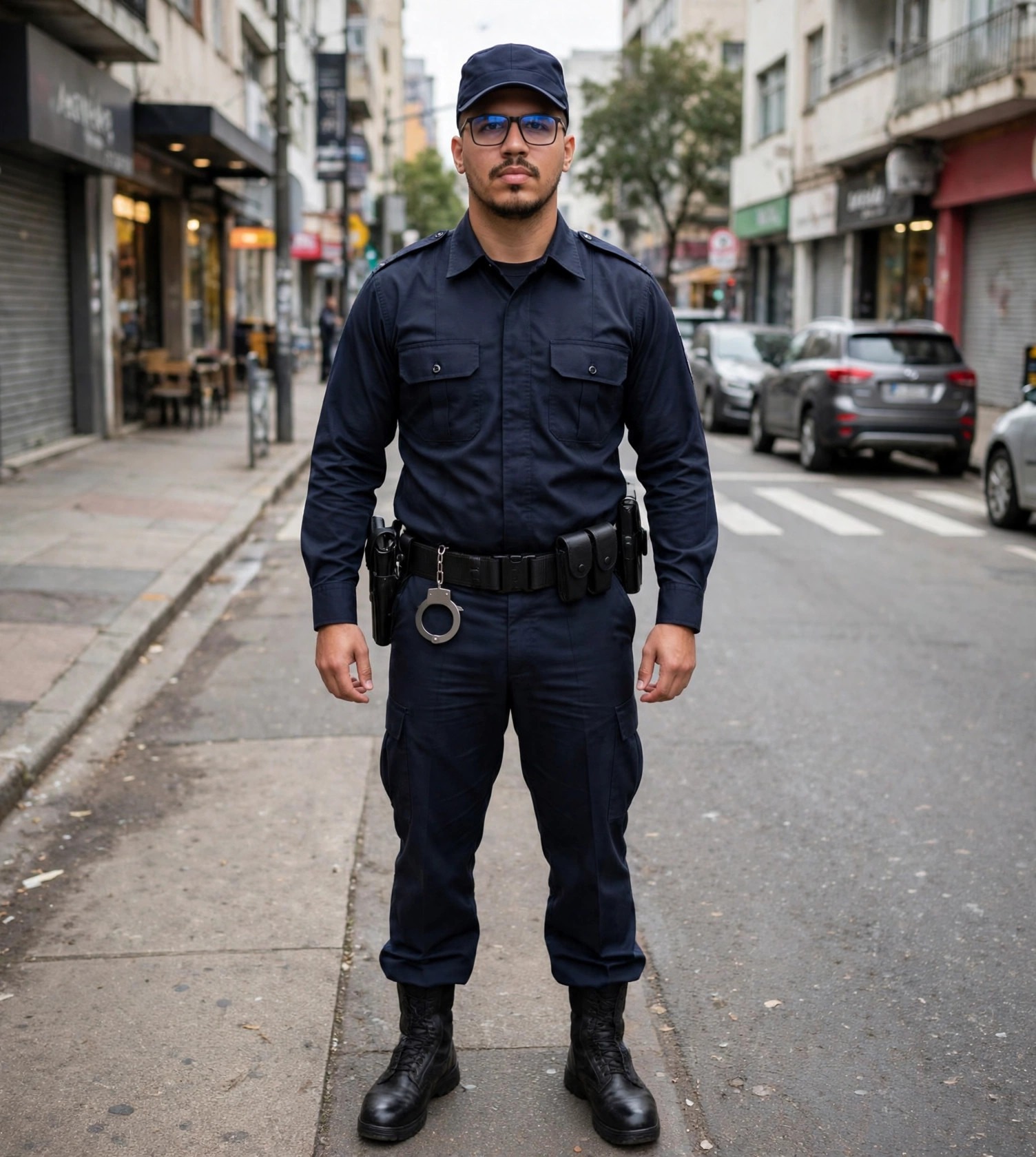 Julio Junior policial militar, farda com boné, rua ao fundo