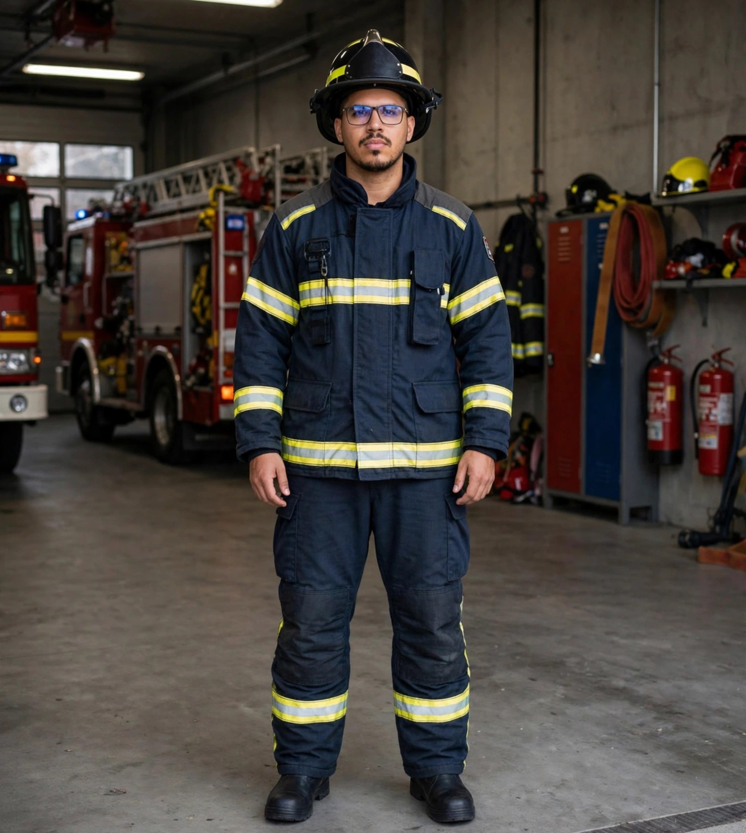 Julio Junior bombeiro, uniforme com capacete, quartel ao fundo