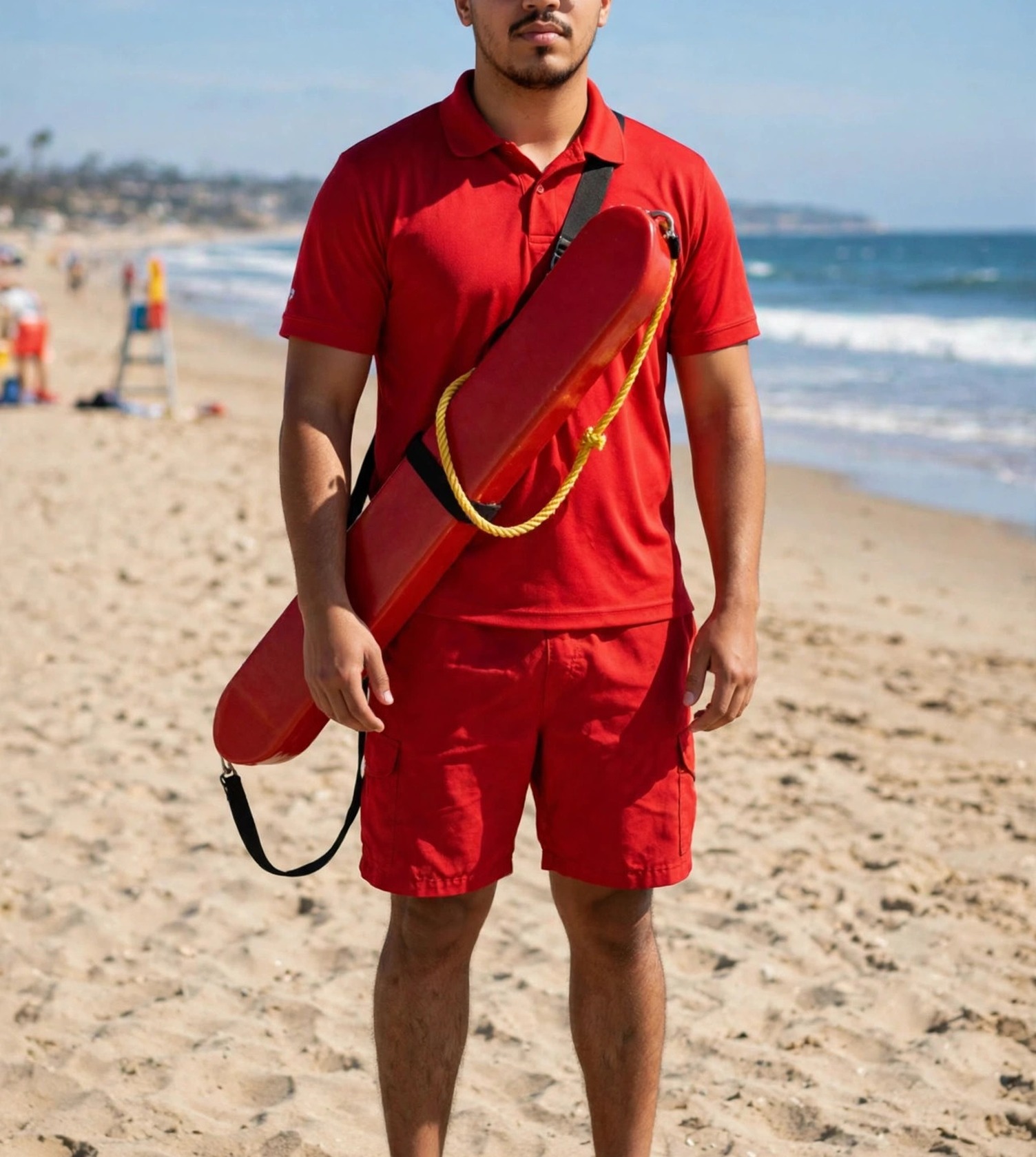 Julio Junior salva-vidas, uniforme vermelho com boia, praia ao fundo