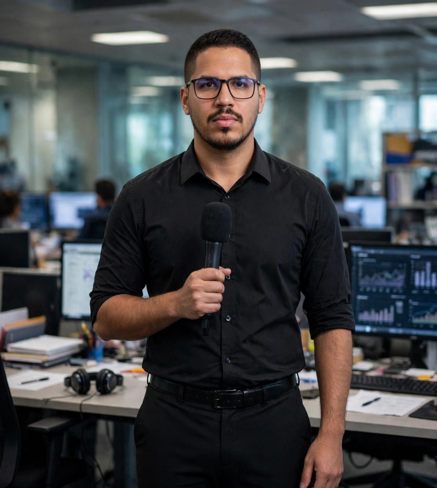 Julio Junior jornalista, camisa social com microfone, redação ao fundo
