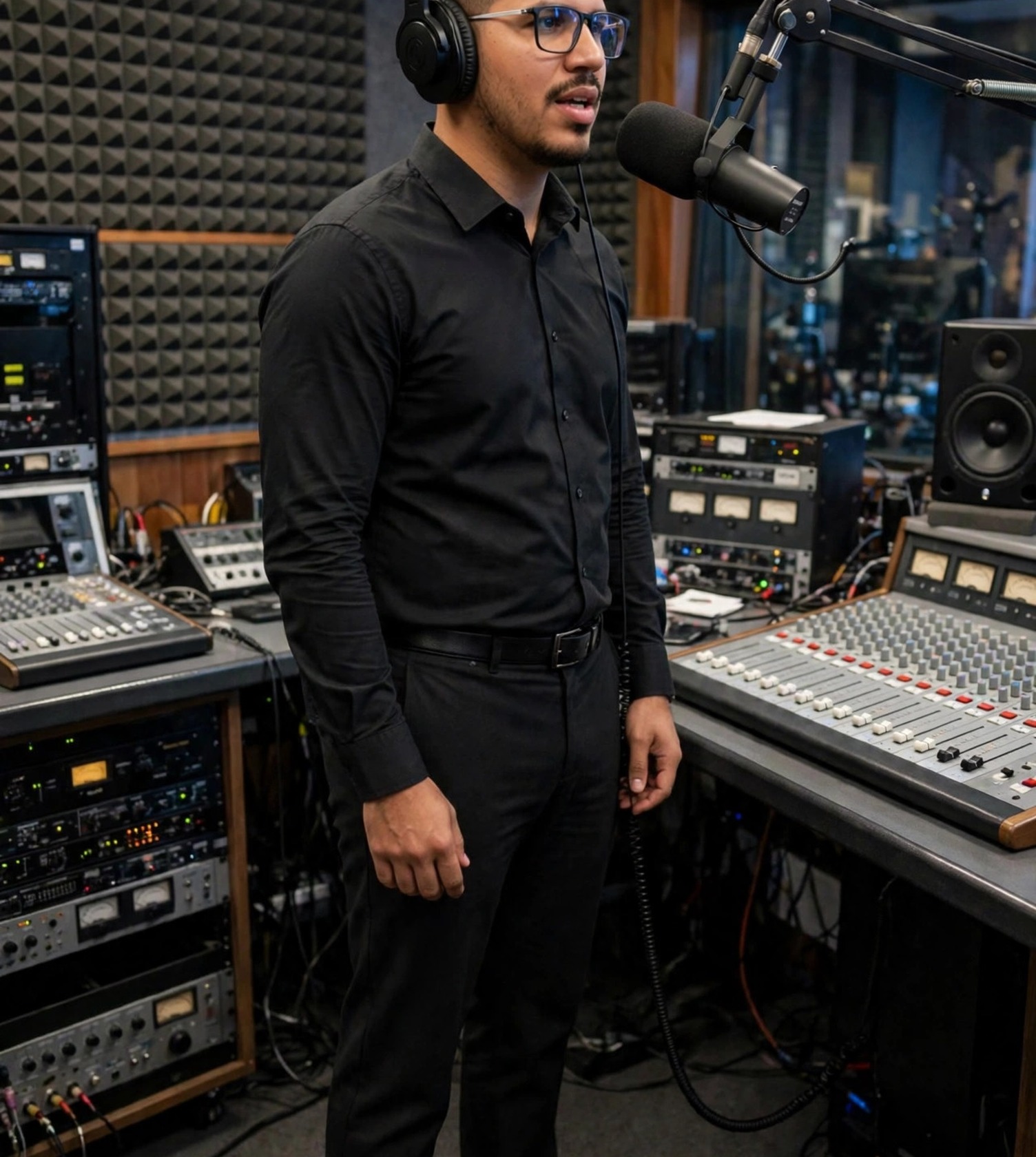 Julio Junior locutor de rádio, camisa social com fones, estúdio de rádio ao fundo