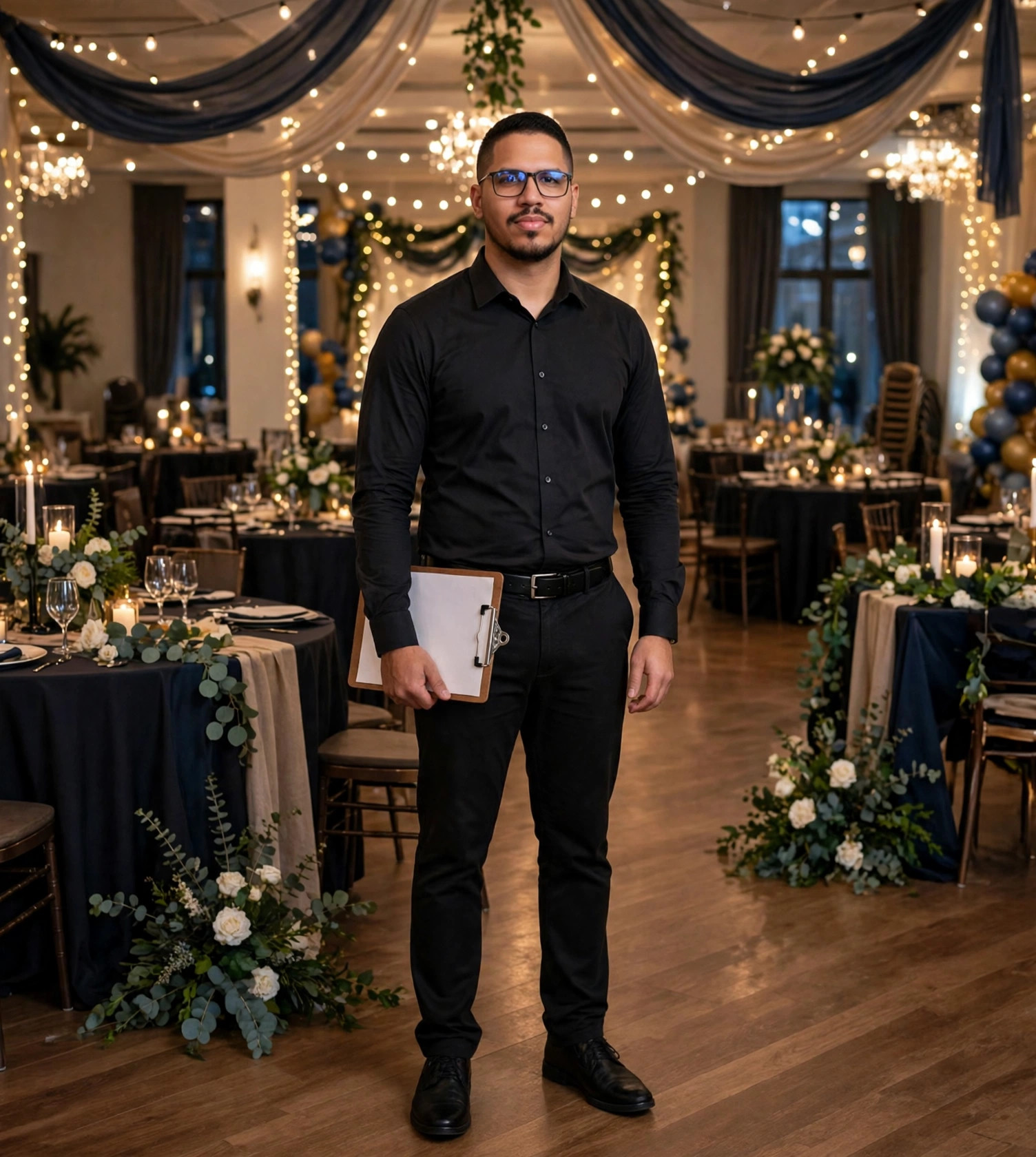 Julio Junior organizador de eventos, camisa social com prancheta, salão de festas ao fundo
