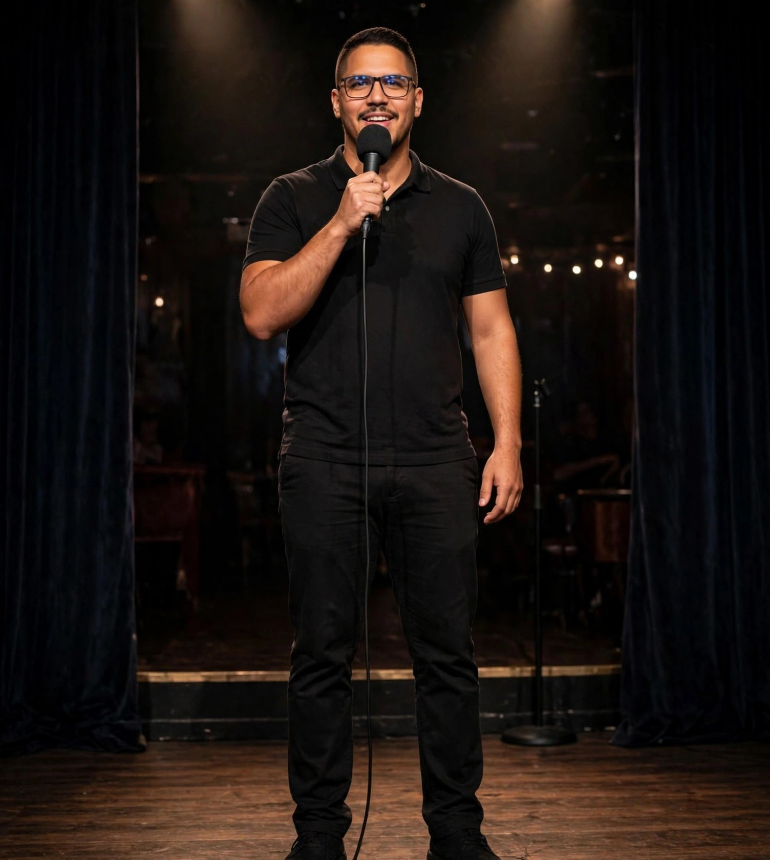 Julio Junior comediante stand-up, camisa social com microfone, palco de comédia ao fundo